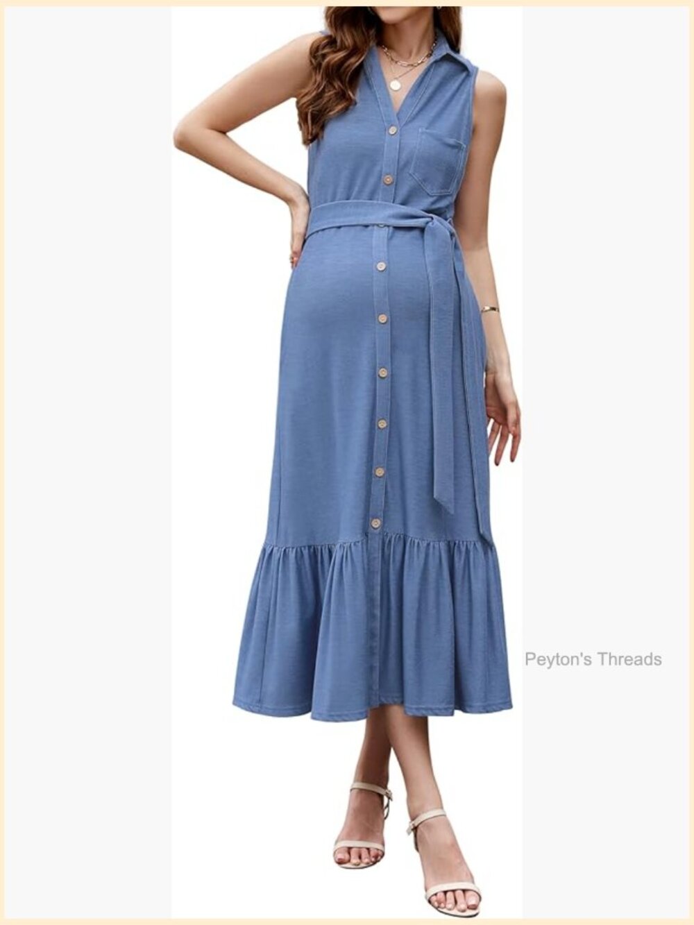 Maternity Sleeveless Polo V Neck Ruffle Button Dress with Pockets